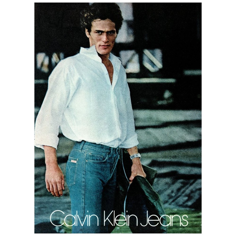 1979 Calvin Klein Jeans VIntage Print Ad Black Leather Jacket Wall Art Photo